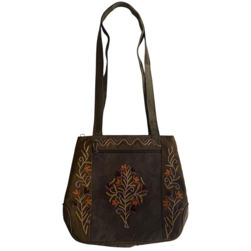 Vintage boho Brown olive suede floral embroidered shoulder bag - Picture 4 of 5